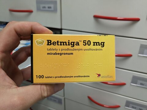 Prague, Czech Republic - July 13 2024: BETMIGA tablets with MIRABEGRON active substance by ASTELLAS, used for overactive bladder and urinary incontinence.
