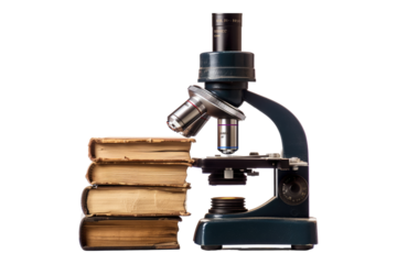 Books through microscope lens isolated on transparent background