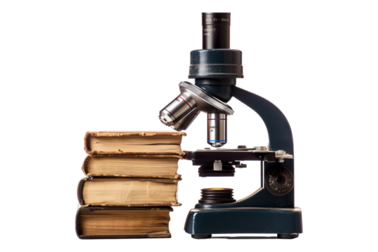 Books through microscope lens isolated on transparent background