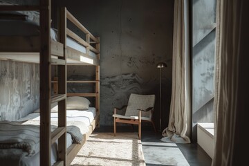 Stylish Children’s Bedroom with Bunk Beds, Concrete Walls, Armchair, and Cashmere Accents