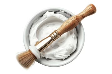 Bowl of shaving foam and brush isolated on transparent background