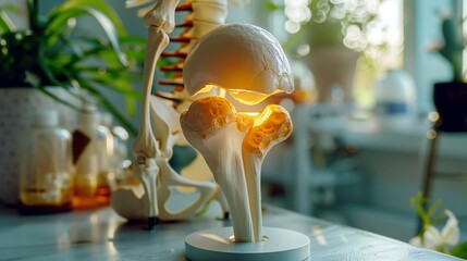 Obraz premium The knee joint model highlighting common areas of injury on a doctora??s desk.