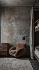 Stylish Children’s Bedroom with Bunk Beds, Concrete Walls, Armchair, and Cashmere Accents