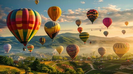 Naklejka premium Photograph of a colorful hot air balloon festival, with dozens of balloons rising into the sky against a backdrop of rolling hills.