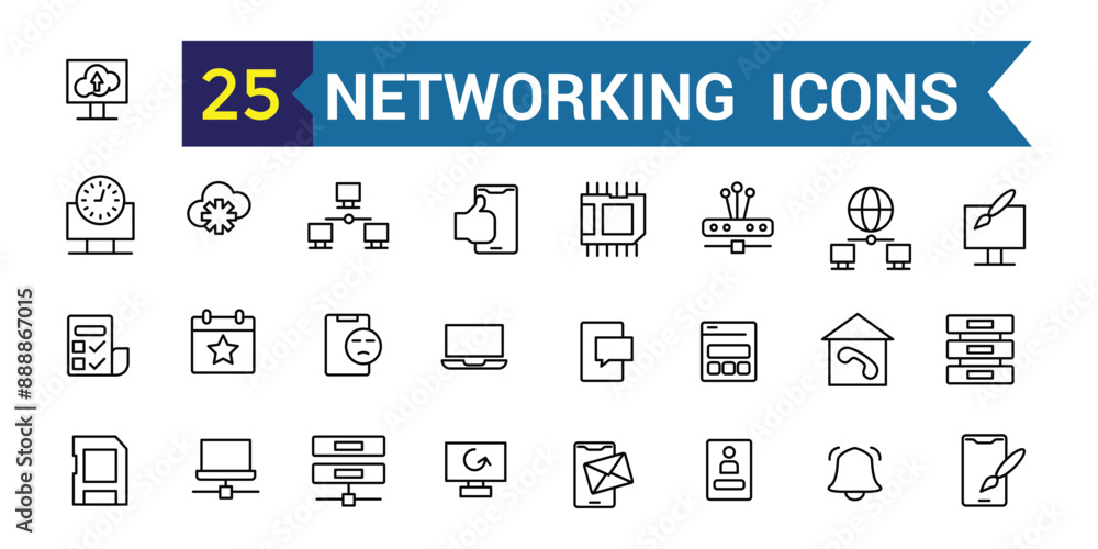Poster networking line icon set. outline icon collection. editable vector stroke.