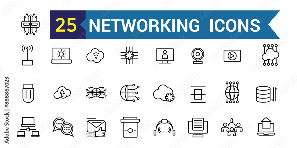 Poster networking line icon set. outline icon collection. editable vector stroke.