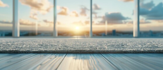 Fototapeta premium A wooden floor is before a window Sun graces the sky above, clouds populate the background