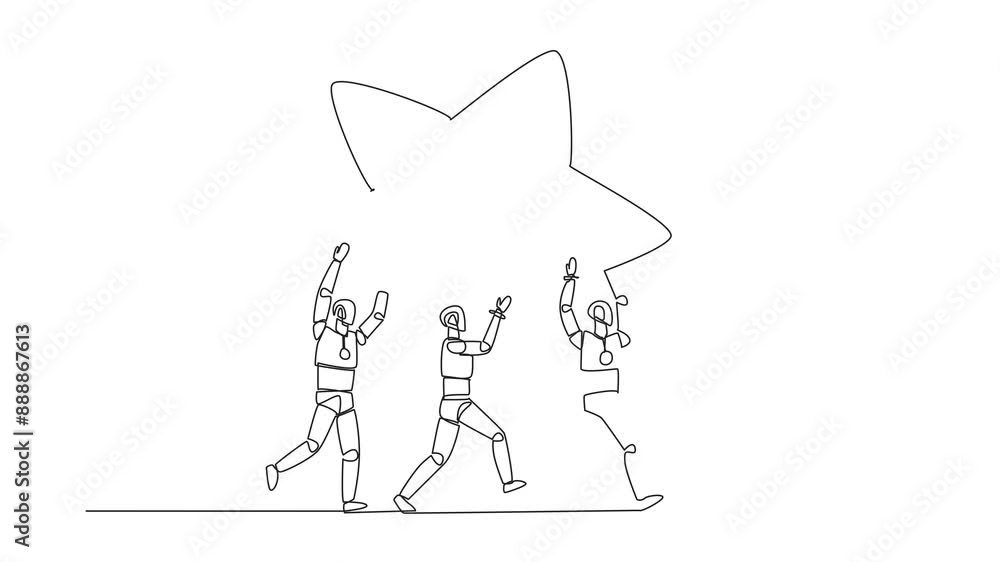 Poster animation of a continuous one line drawing group of robots working together carrying a star. achieve