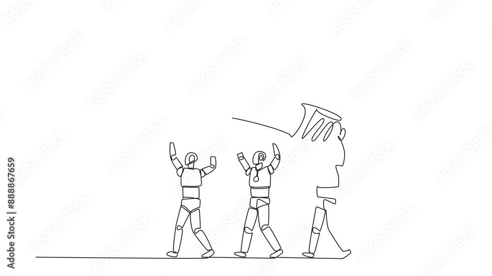 Poster animated self drawing of single one line drawing a group of robots work together to carrying a light