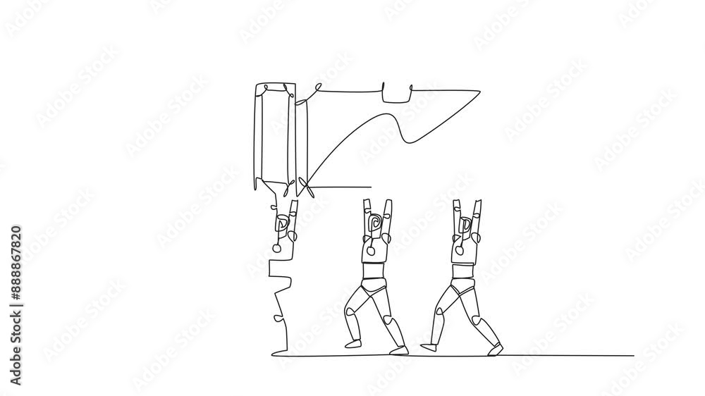 Poster animation of single continuous line drawing group of robots work together carrying treasure chest. d