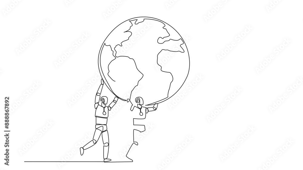 Poster animation of single continuous line drawing group of robots working together carry globe. globalizin