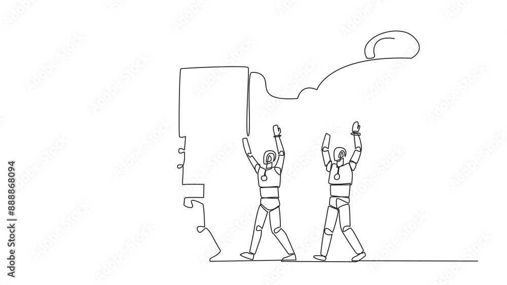 Poster self drawing animation of continuous one line drawing group of robots work together carrying the tro