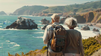 Senior couple amazed by pacific coast beauty on active retirement hike, cherishing nature s wonders