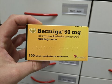 Prague, Czech Republic - July 13 2024: BETMIGA tablets with MIRABEGRON active substance by ASTELLAS, used for overactive bladder and urinary incontinence.