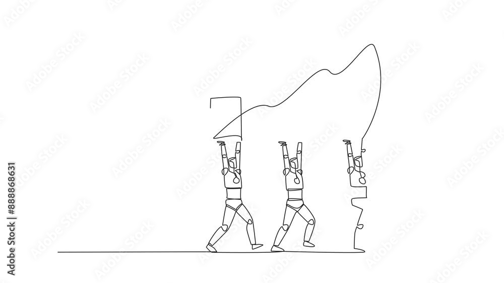 Poster animated self drawing of single continuous line drawing group of robots work together carry a graphi