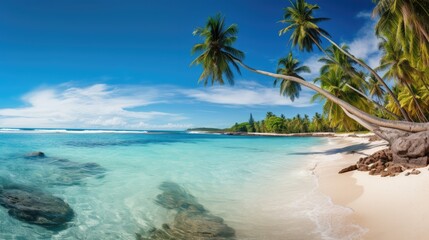 Photograph of a secluded tropical beach with white sand, turquoise water, and palm trees swaying in the breeze