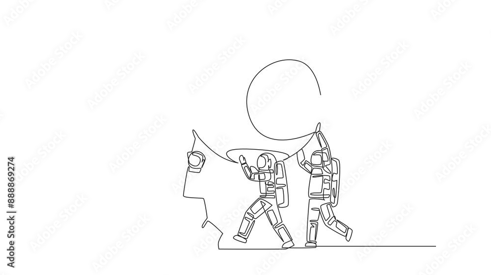 Poster animation of continuous one line drawing group of astronauts working together carrying a big bomb wi