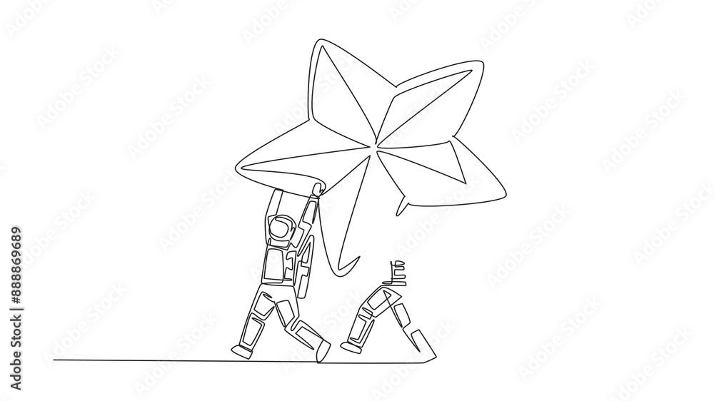 Poster animated self drawing of single one line drawing a group of astronauts work together carrying star. 