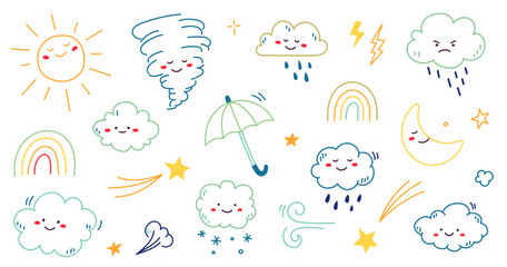 Cloud rain weather cartoon cute set. Cloud, sun, moon weather character with smile and angry face. Hand drawn doodle sketch style. Rainbow, wind, tornado doodle character. Vector illustration.