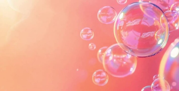 soap bubbles fly in the air on a rainbow background turning into a pink peach background with free space on the right