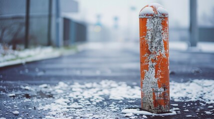 Damaged parking post on a white surface selective focus
