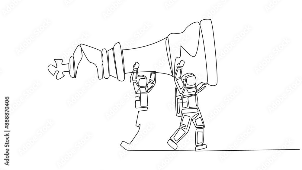 Aufkleber animated self drawing of single continuous line drawing a group of astronauts work together carrying