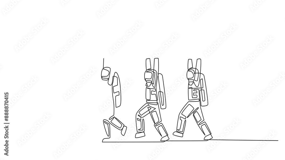 Poster self drawing animation of continuous one line drawing a group of astronauts work together carrying a