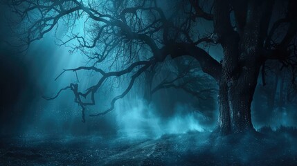 Obraz premium Dark and eerie forest scene on a foggy night with spooky tree Halloween background