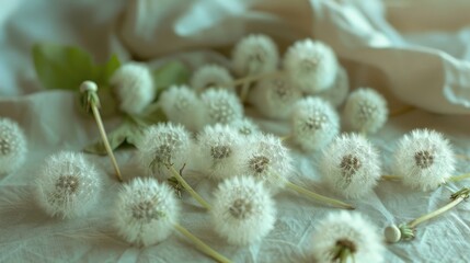 Dandelions tiny fluffy white balls on the table
