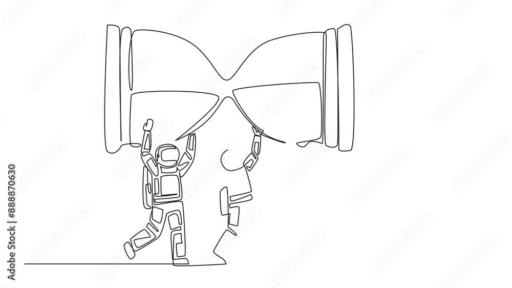 Poster animation of continuous one line drawing of a group of astronauts working together to carrying an ho
