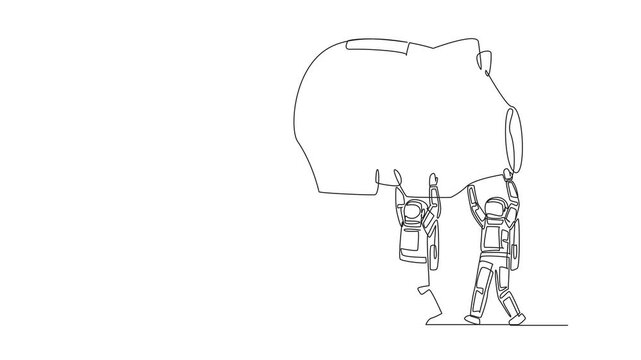 Self drawing animation of single one line drawing a group of astronauts work together carrying a piggy bank. Lots of profits to save. Capital for the next space expedition. Full length animated