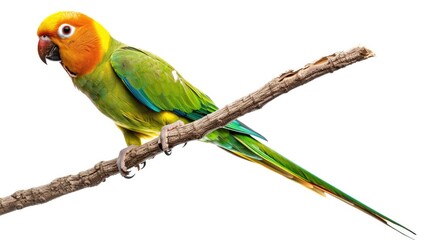 Obraz premium Photograph of a vibrant parakeet perched on a branch, with a transparent background.