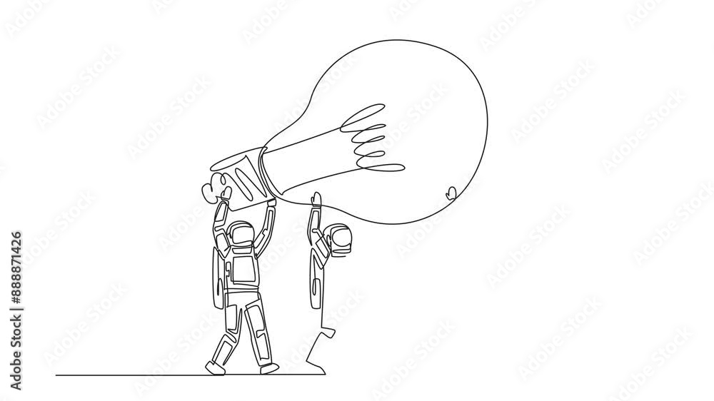 Poster animation of a single one line drawing of a group of astronauts working together to carrying a light