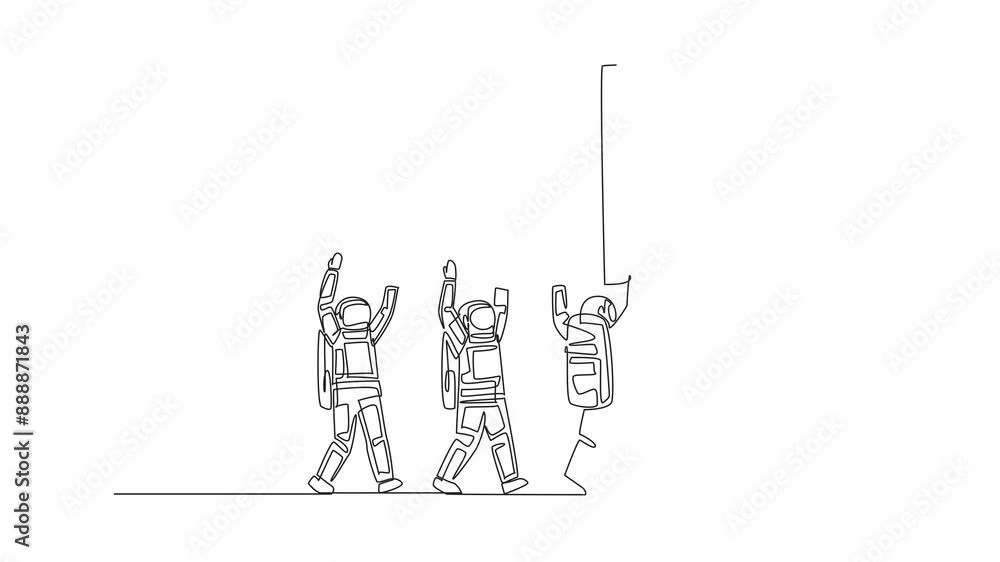 Poster self drawing animation of single continuous line drawing group of astronauts work together carry a g