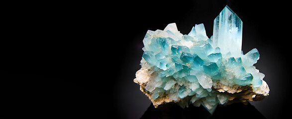 Obraz premium Aquamarin is rare precious natural geological stone on gradient background in low key, isolate. AI generated.