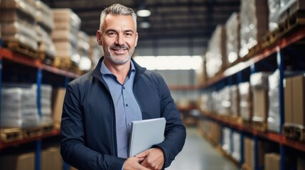 Portrait of a male businessman Middle-aged man holding a clipboard in a warehouse. on white background png.