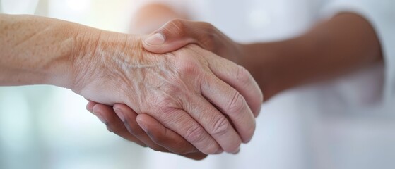 Fototapeta premium A person closely shaking hands with another, background features a blurred building