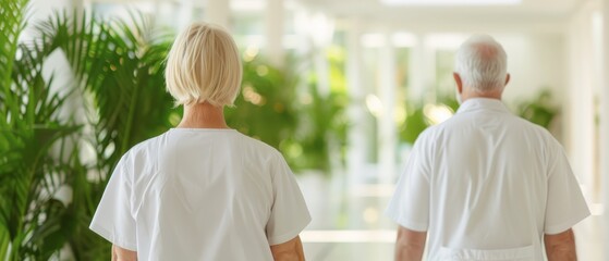 Fototapeta premium A man and a woman, dressed in white scrubs, walk down a hallway past a potted plant