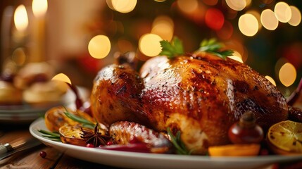 Roast Chicken, a traditional festive dish for Christmas or Thanksgiving .