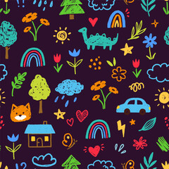 Cute kid child element vector seamless pattern. Hand drawn doodle sketch children cute vector school chalk background. Kids doodle crayon style line flower, cloud doodle pattern. Vector illustration