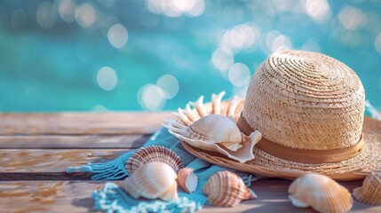 Seashells on a blue wooden plate Straw hat and sandals There is space for entering text.