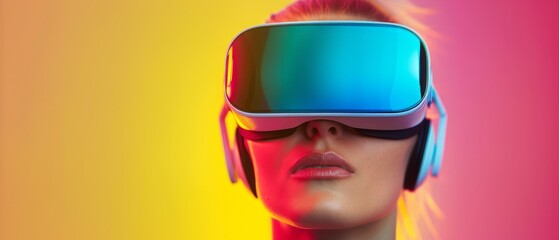 Fototapeta premium A woman dons headphones and a virtual reality headset against a vibrant, multicolored backdrop