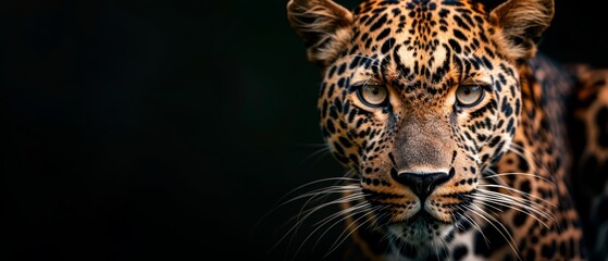Fototapeta premium A tight shot of a leopard's face against a black backdrop, its visage slightly blurred