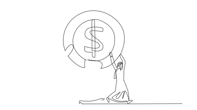 Animation of single continuous line drawing group of Arab businessmen and Arab businesswomen work together carry a dollar symbol coin. Small capital for large profits. Success. Full length motion