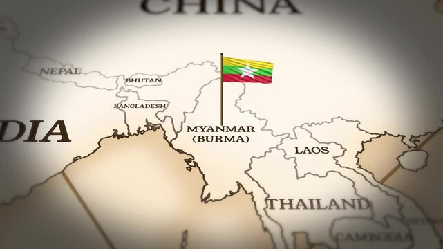 Myanmar flag showing on world map with 3D rendering