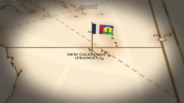 New Caledonia flag showing on world map with 3D rendering
