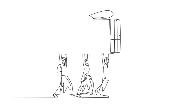 Animation single one line group of Arab businessmen and Arab businesswomen work together to carrying a gift box. Work hard together. Get a decent reward. Continuous line self draiwng