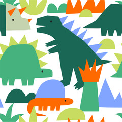 Cute dinosaur in cartoon style. Bold, simple form, trendy colors. Childish flat vector illustration. Dino seamless pattern © NadezdaBarkova
