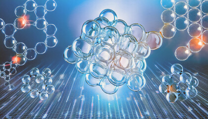 Frozen abstract complex molecular structure with neon lights inside