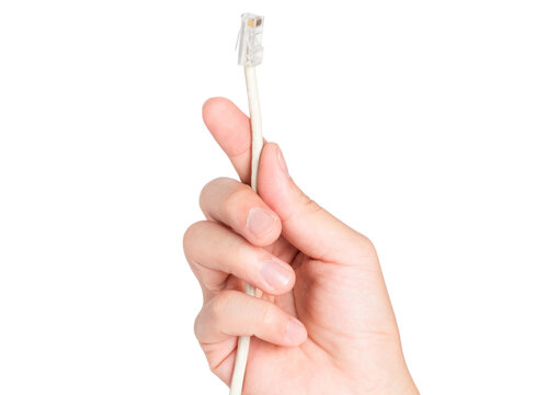 closeup hand holding electrical plug and Lan cable